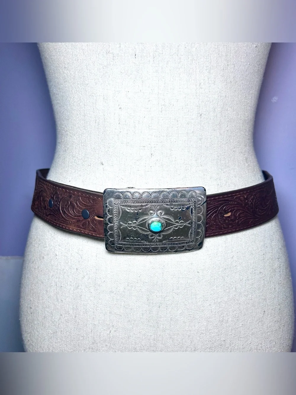 Tony Lama Navajo Spirit Belt Women’s 30 Brown Leather Silver Buckle Turquoise